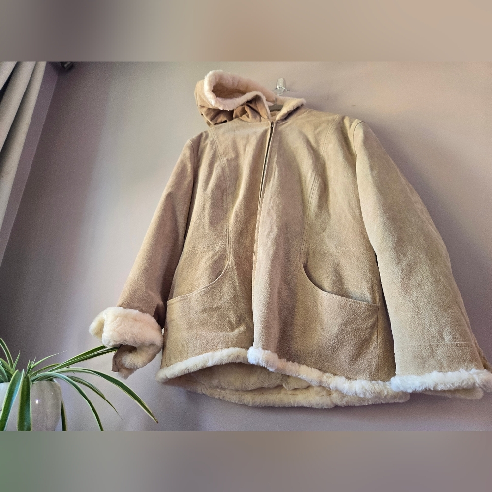 Hudson Place Genuine Suede Leather Hooded Shearling Jacket Tan Large - Picture 2 of 9